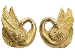 thumbnail of Pair of vintage swan-shaped 18K yellow gold earrings on white background.