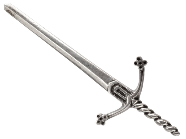 Large silver sword brooch on white background.