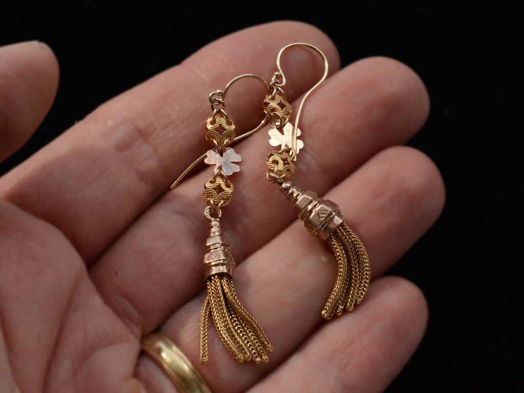 c1880 Gold Tassel Earrings in Rose and Yellow Gold, on hand for scale.
