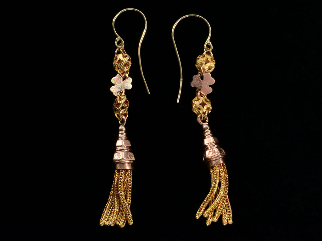 c1880 Gold Tassel Earrings in Rose and Yellow Gold, on black background.