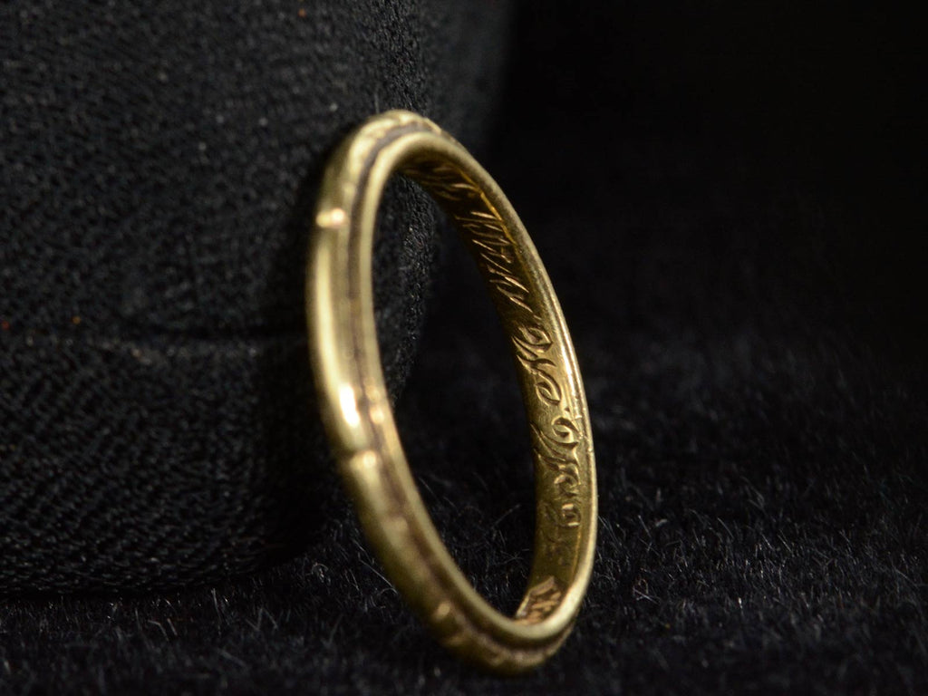 Inside view of 1921 Decorated 18K Yellow Gold Band (showing hand inscription reading "H.M.M. and H.F.D. Nov. 24, 1921."