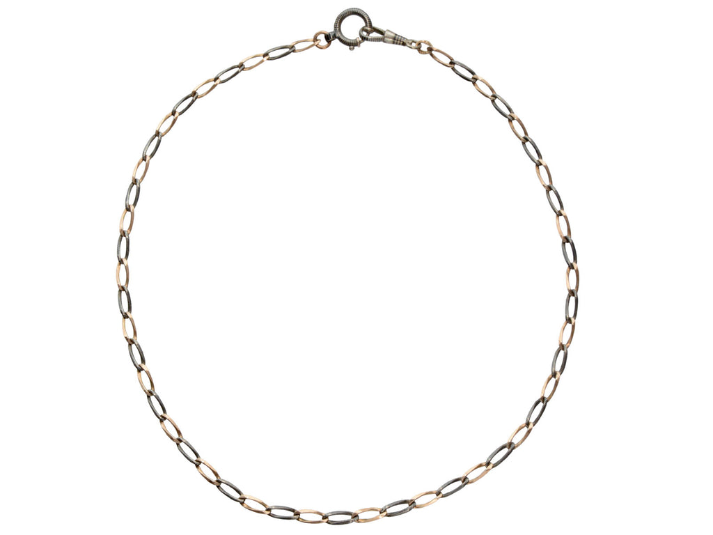 c1900 Thin Antique Chain of Alternating Links of Gilt Silver and Striped Niello (shown on white background)