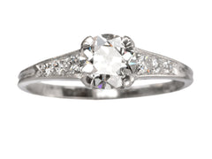 thumbnail of A c1930 Art Deco Tiffany & Co platinum engagement ring with a round old cut diamond and three smaller diamonds on each shoulder, tapering in size shown on white background.
