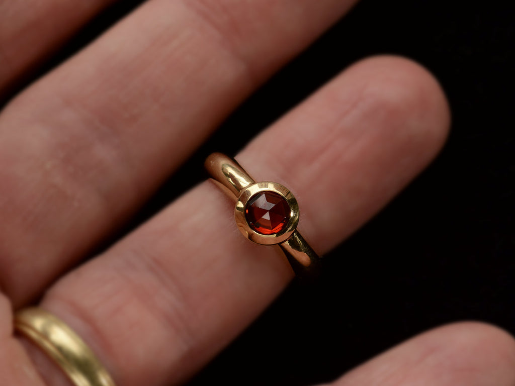 Vintage Tiffany Ring with Rose Cut Red Garnet set in heavy 18K Yellow Gold Mounting (on finger)