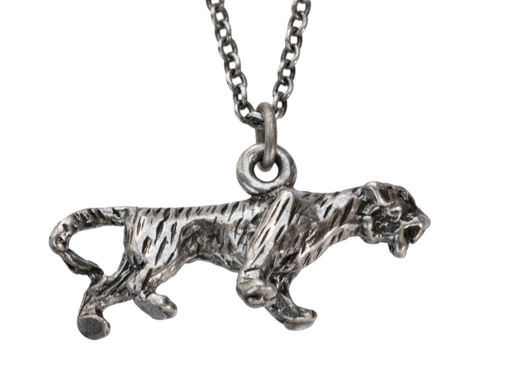 Detail of c1970 Silver Tiger Pendant Necklace (on white background)