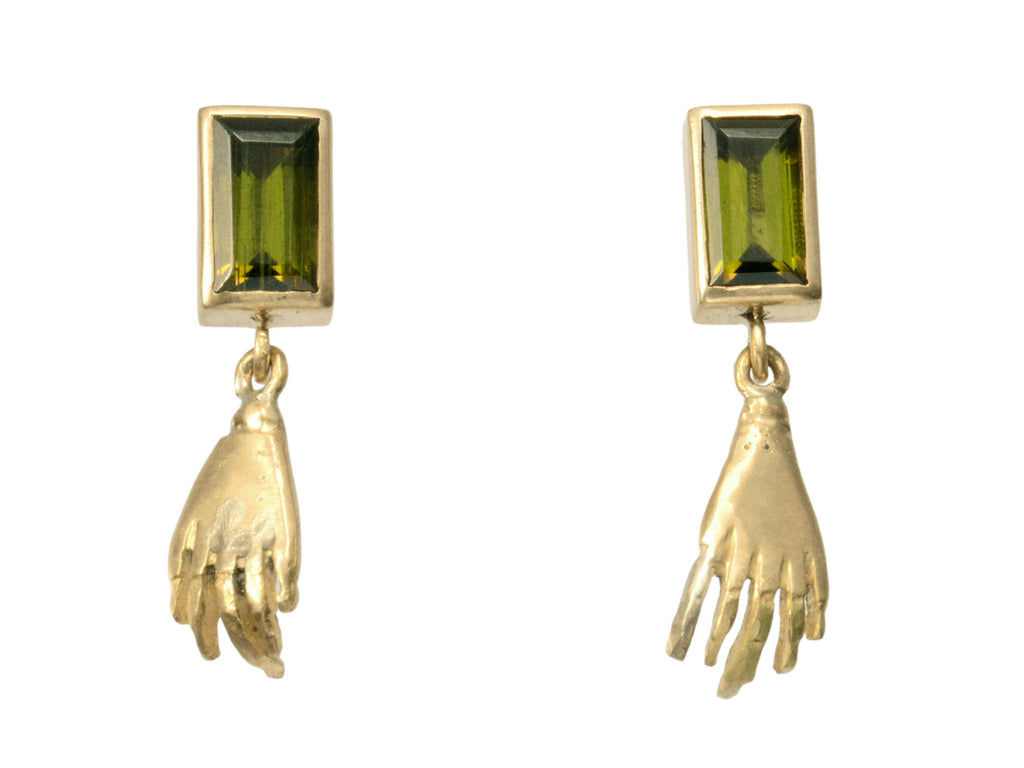 EB Modern Earrings with Rectangular Olive Colored Tourmaline Tops and Hand Pendants in Yellow Gold (shown on white background)