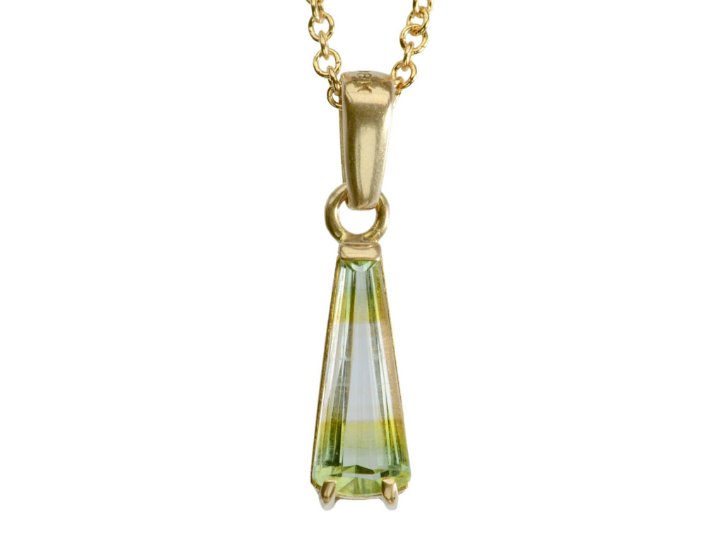 c1980 Green and White Tourmaline Pendant in Yellow Gold ("18K" stamp visible). On white background.