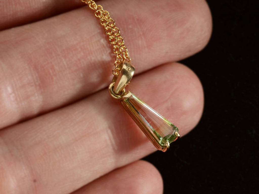 c1980 Green and White Tourmaline Pendant in Yellow Gold. 18K stamp visible. On hand.