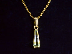 thumbnail of Front detail of c1980 Green and White Tourmaline Pendant in Yellow Gold. On dark background.