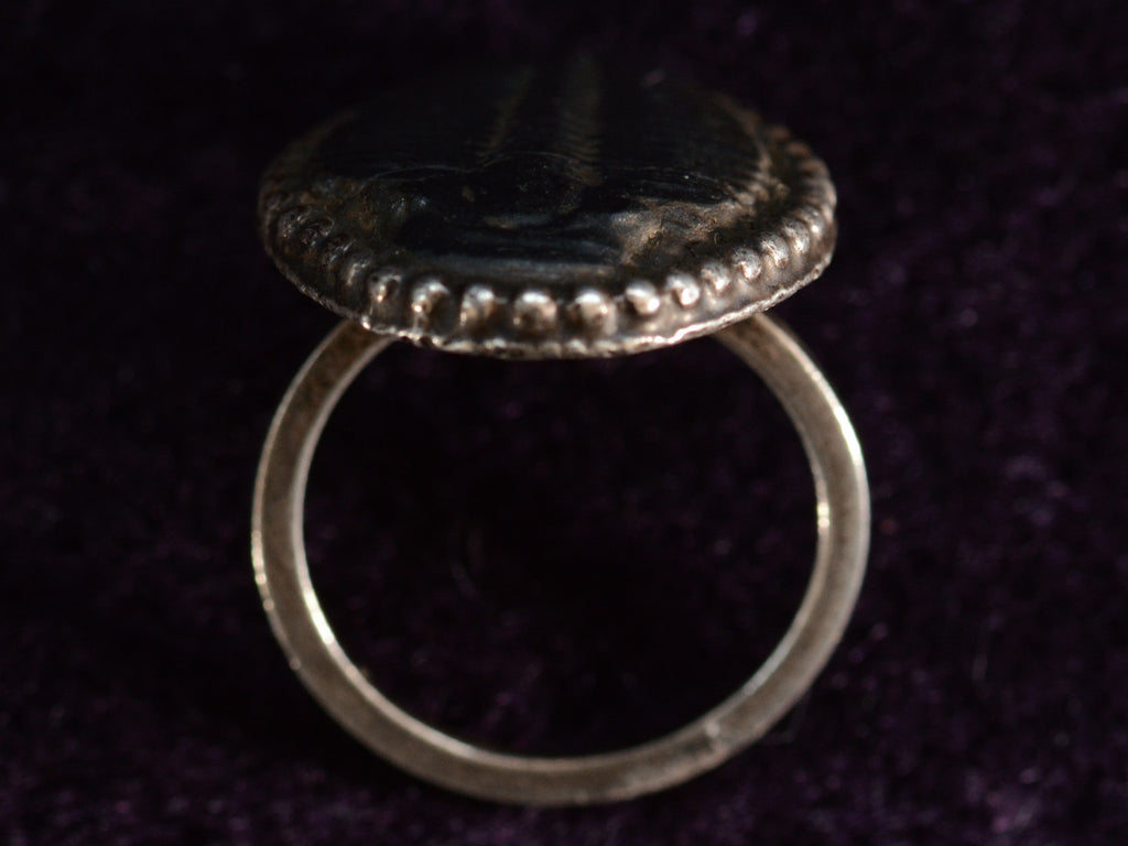 Side profile view of black trilobite fossil ring in silver (shown on dark background)