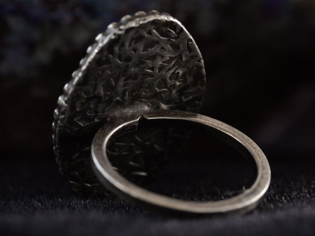 Reverse view of black trilobite fossil ring in silver (shown on dark background)