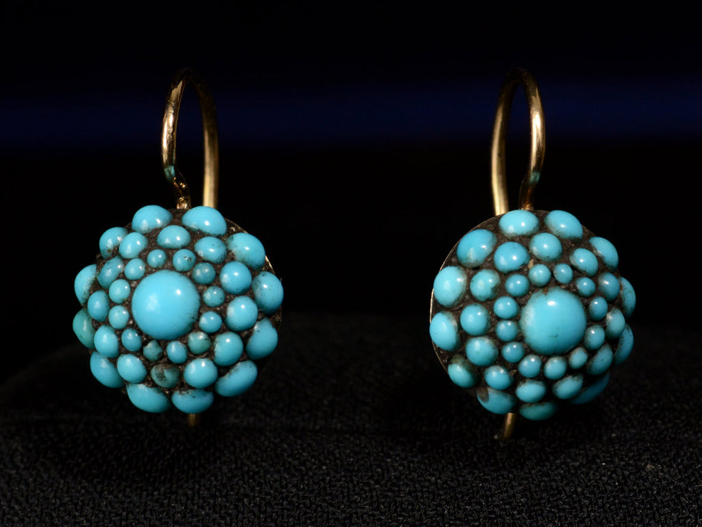 c1880 Turquoise Cluster Earrings (on black background)