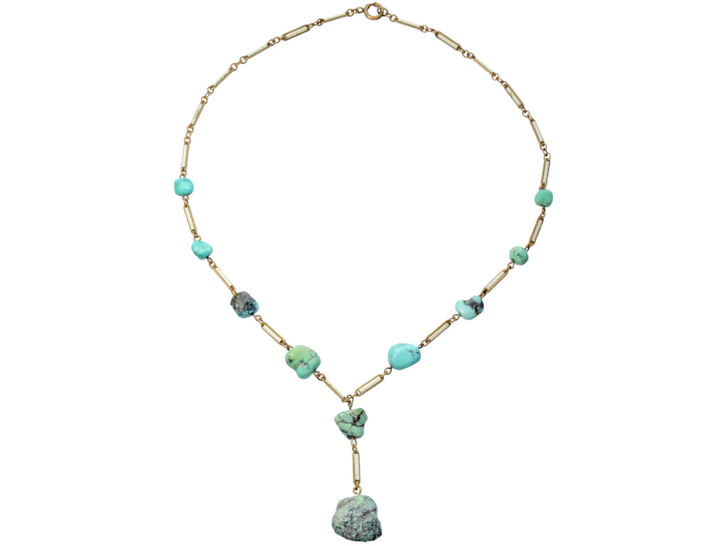 c1920 Art Deco turquoise nugget and white enamel brass chain necklace, shown on white background