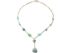 thumbnail of c1920 Art Deco turquoise nugget and white enamel brass chain necklace, shown on white background