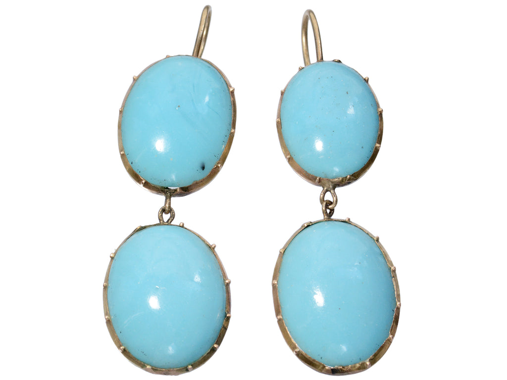 c1890 Oval Turquoise Glass Drop Earrings, shown on white background