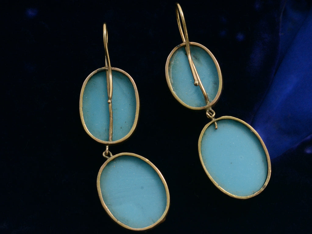 Reverse sides of c1890 Oval Turquoise Glass Drop Earrings, shown on dark blue background