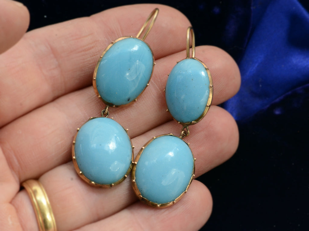 c1890 Oval Turquoise Glass Drop Earrings, shown on hand for scale