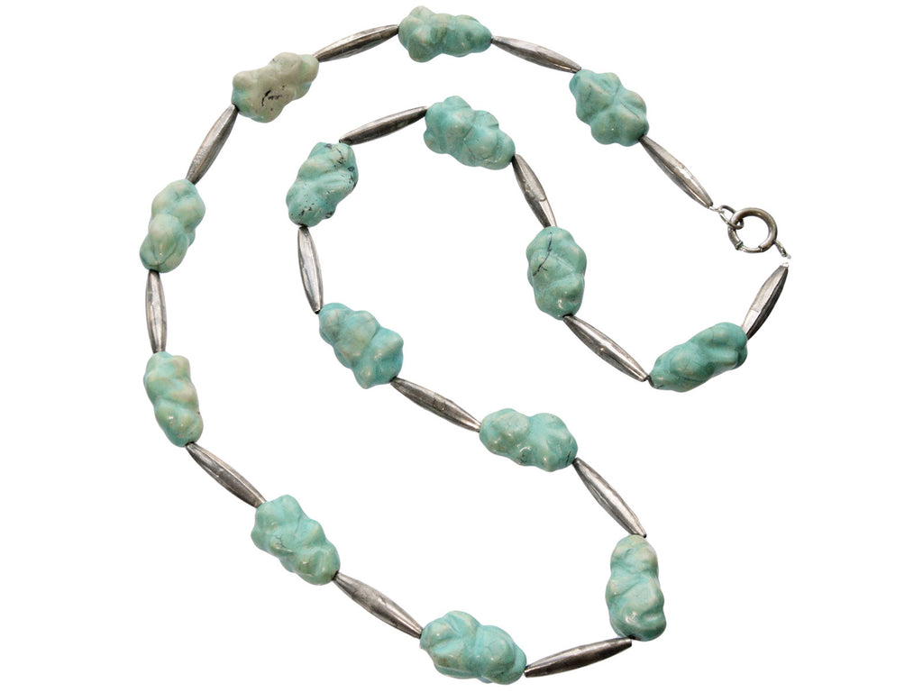 Detail of Navajo Silver and Turquoise Nugget Necklace (shown on white)