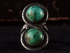 thumbnail of Front view of Silver ring with two turquoise stones on a black background

