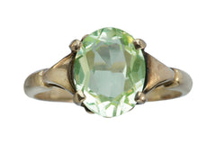 thumbnail of Art Deco ring with oval pale green stone set in rosy-yellow gold, shown on white background.