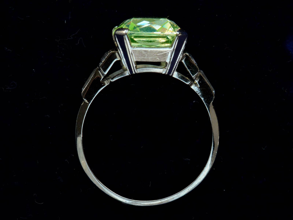 Side profile of c1930 Uranium Glass White Gold Ring (on black background)