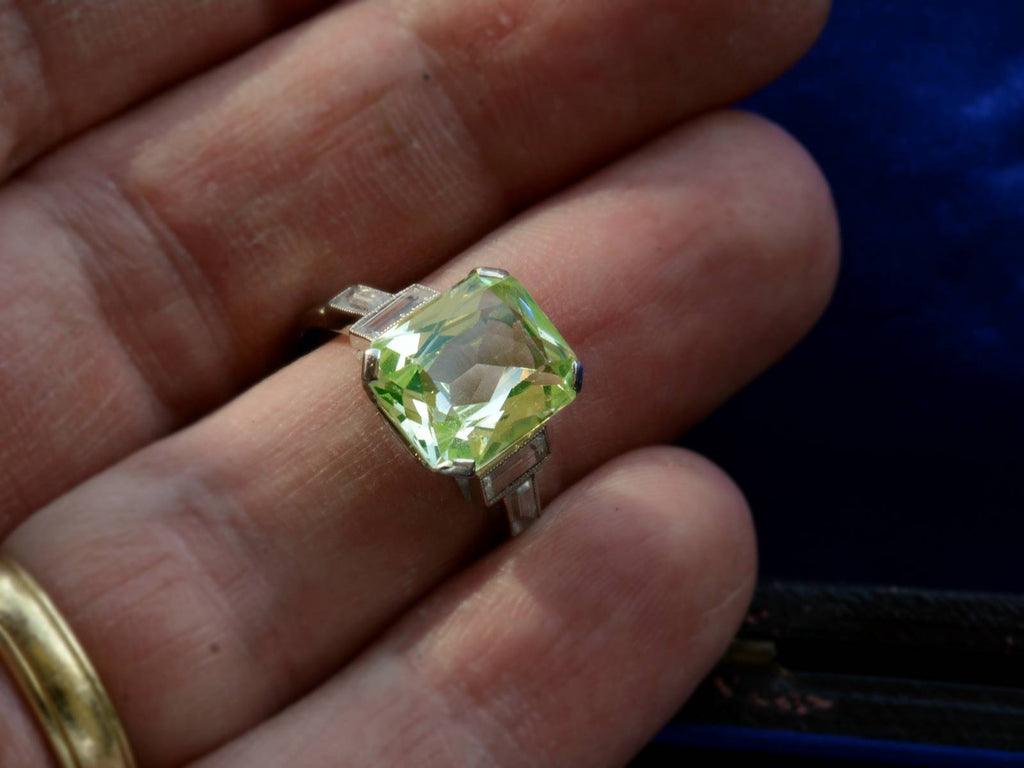 c1930 Uranium Glass White Gold Ring (on hand for scale)