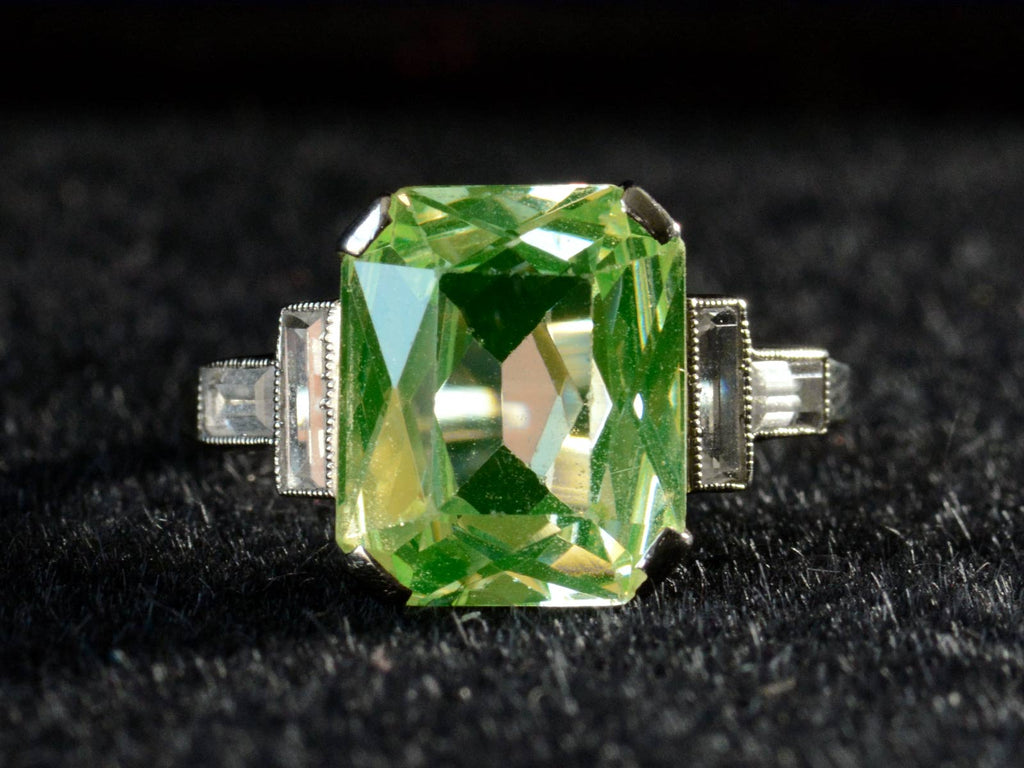 Front view of c1930 Uranium Glass White Gold Ring (on black background)