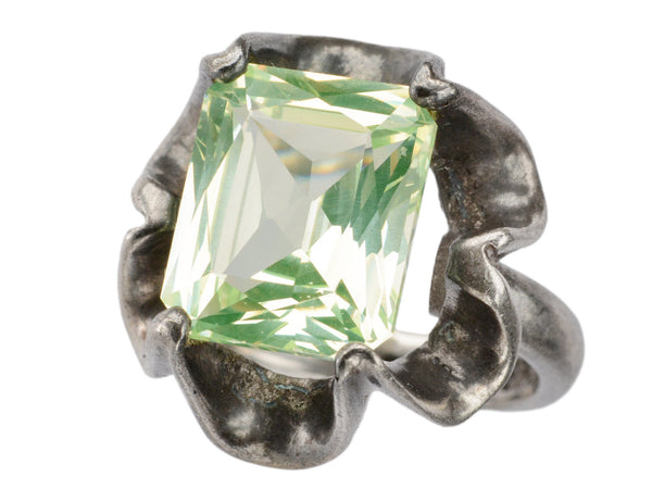 c1940 Rectangular Uranium Glass and Silver Ring on white background.