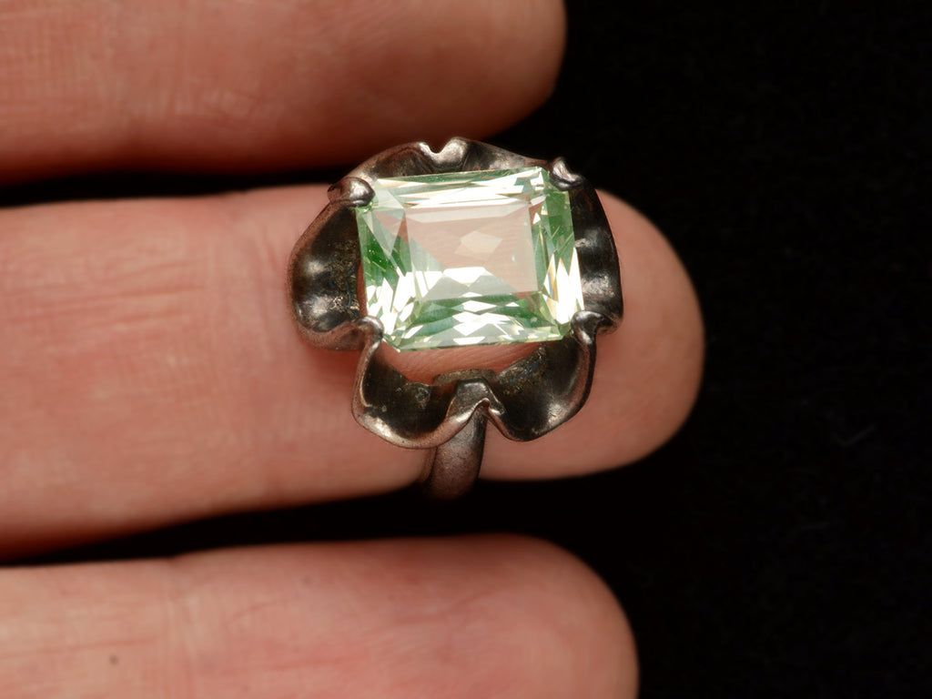 c1940 Rectangular Uranium Glass and Silver Ring on finger