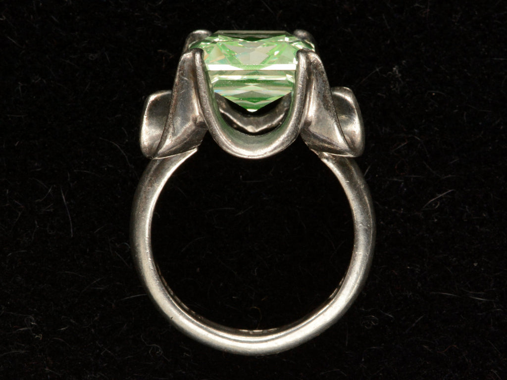 Side profile of c1940 Rectangular Uranium Glass and Silver Ring on black background.