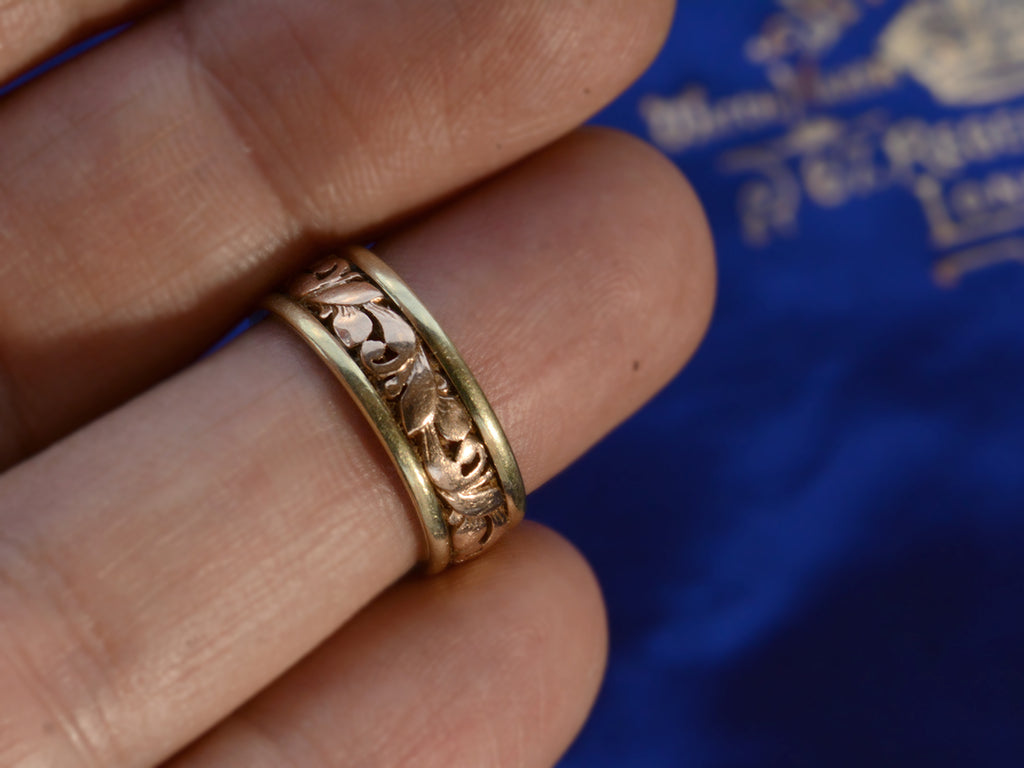 c1890 Two-Toned Rose and Green Gold Band (on finger for scale)