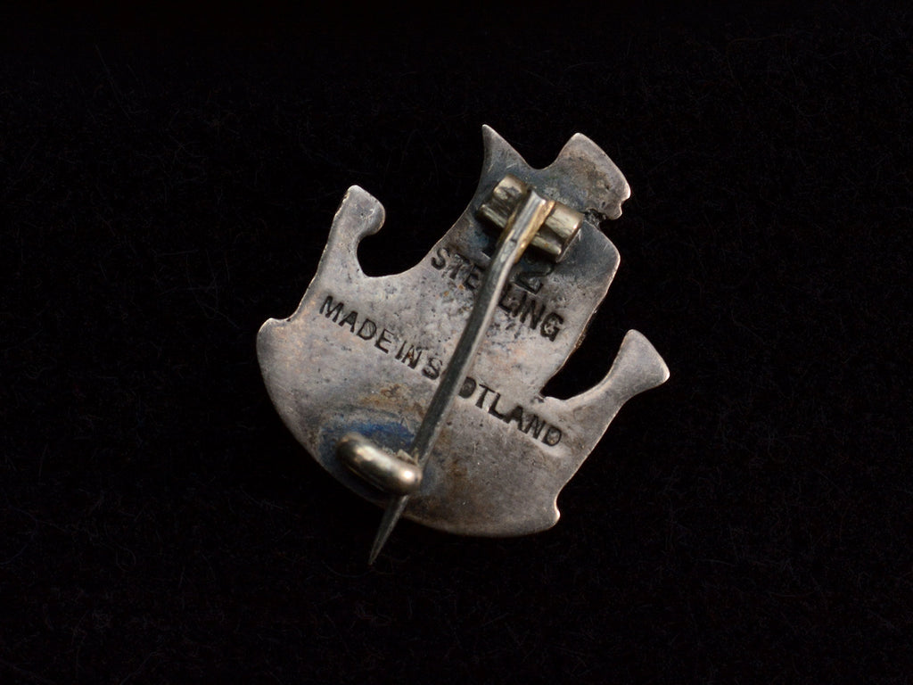 Reverse side of c1920 Viking Ship Brooch. Stamped "STERLING MADE IN SCOTLAND"