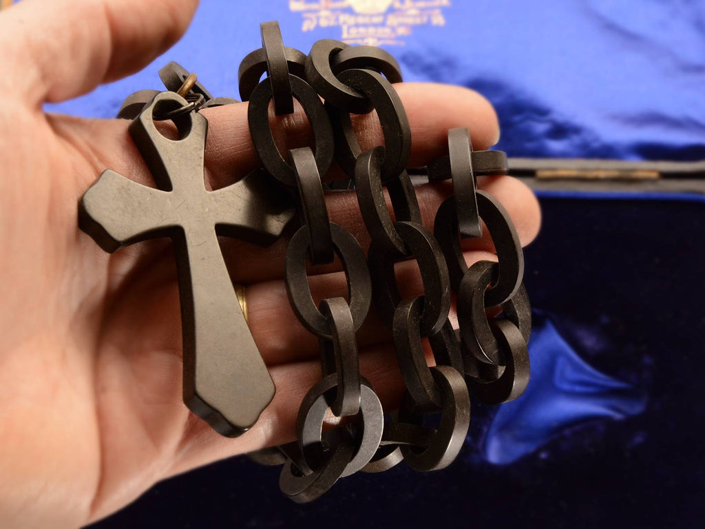 c1880 Black Vulcanite Cross & Chain (shown on hand for scale)