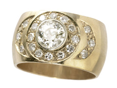 thumbnail of Angled front view of a c1980 Wide Yellow Gold Band set with Clusters of Old Cut Diamonds (on white background)