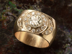 thumbnail of Angled front view of a c1980 Wide Yellow Gold Band set with Clusters of Old Cut Diamonds (on dark textured background)