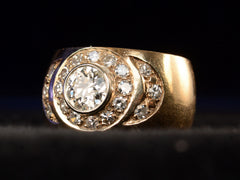 thumbnail of Right angled view of a c1980 Wide Yellow Gold Band set with Clusters of Old Cut Diamonds (on dark background)