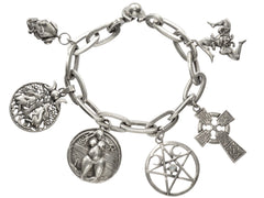 thumbnail of A vintage sterling silver charm bracelet with charms depicting mating frogs, a pair of rabbits perched beneath a tree under crescent moons, a nude woman, a pentagram, a Celtic cross, and the Sicilian Trinacria. On white background.