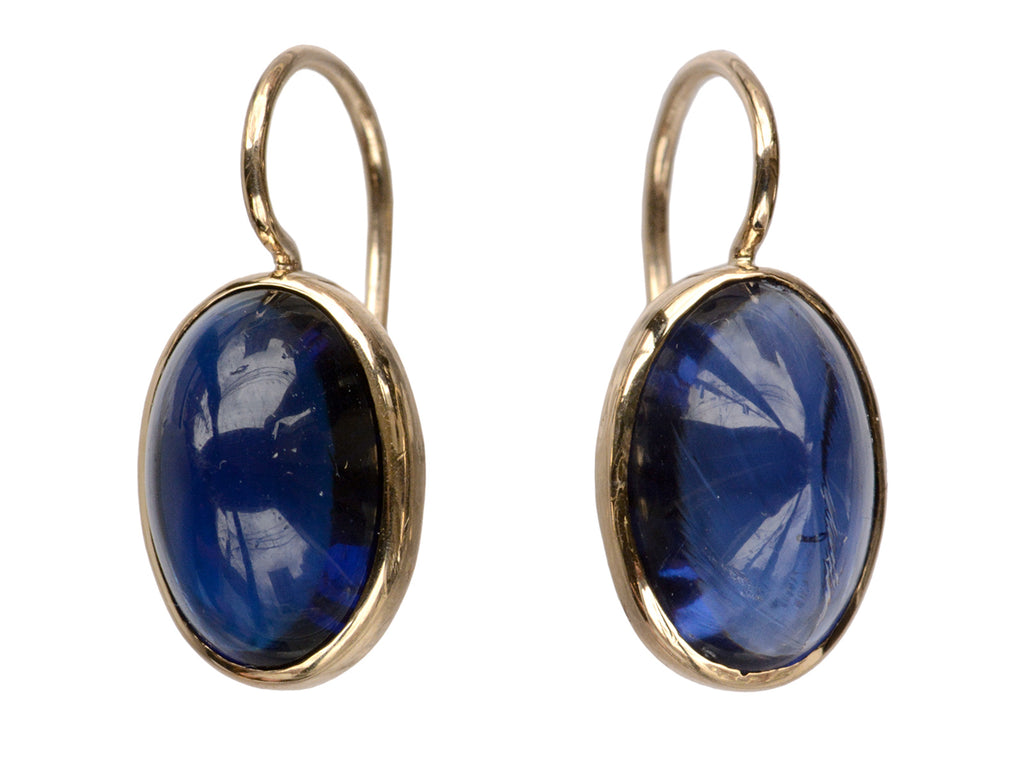 Blue Cabochon Gold Earrings (on white background)