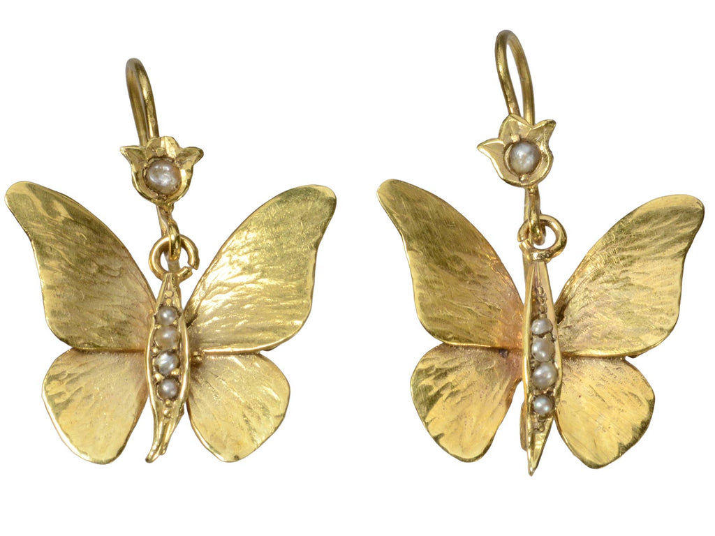 c1900 Gold Butterfly Earrings (on white background)