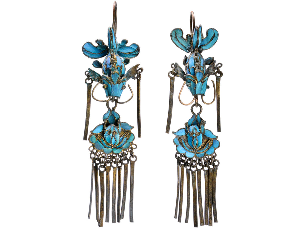 19th c. Kingfisher Feather Earrings (on white background)