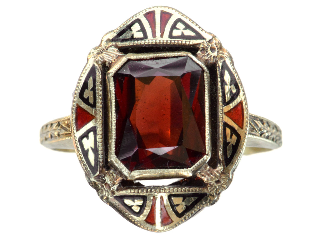 c1920 Deco Enamel & Garnet Ring (on white background)