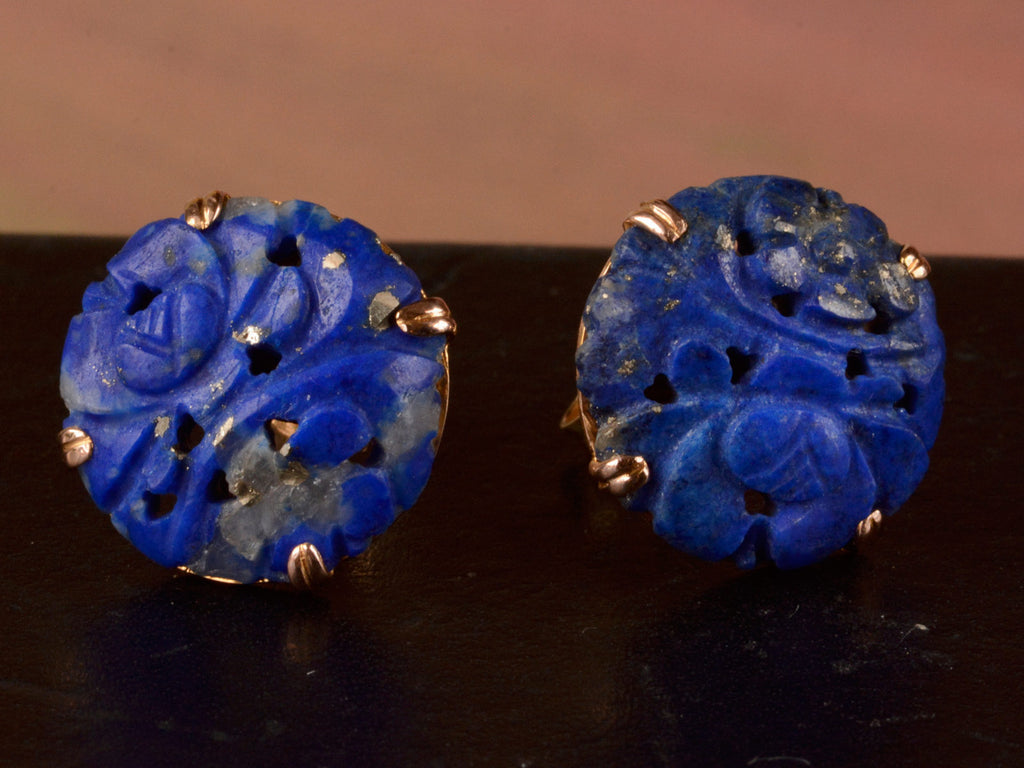 1920s Chinese Art Deco Carved Lapis Earrings