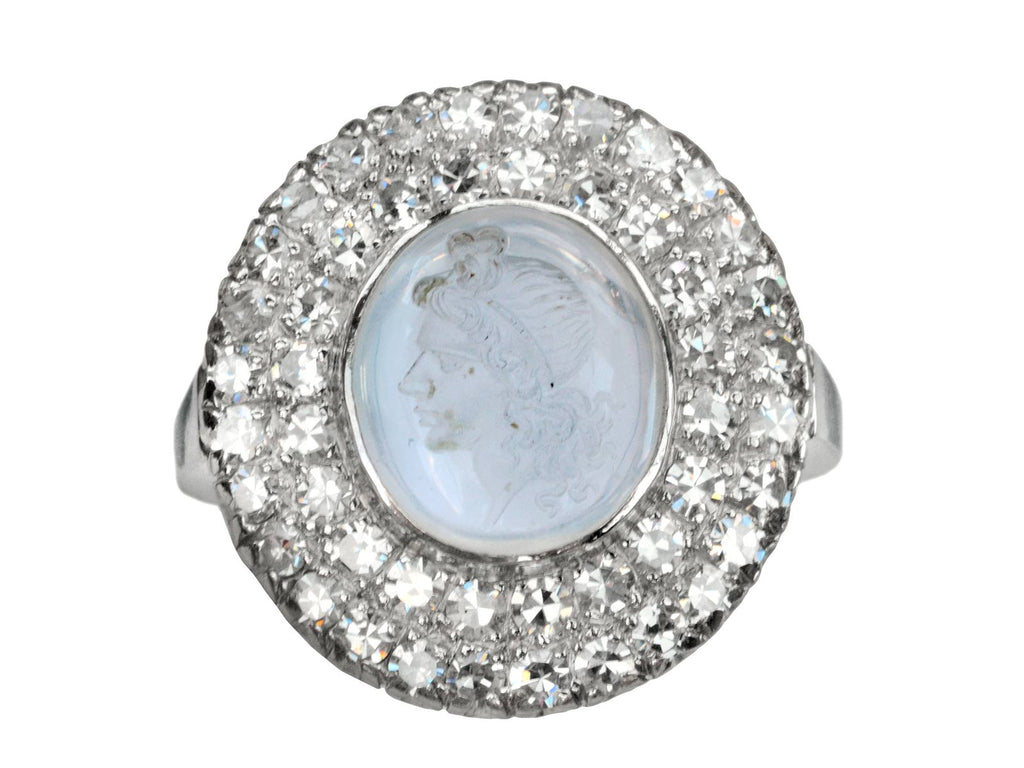 1930s Moonstone Cameo Diamond Ring (on white background)