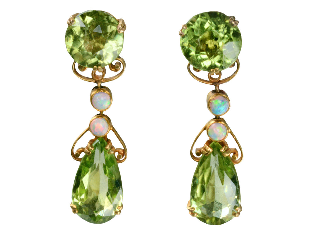 Art Nouveau Peridot & Opal Earrings (on white background)