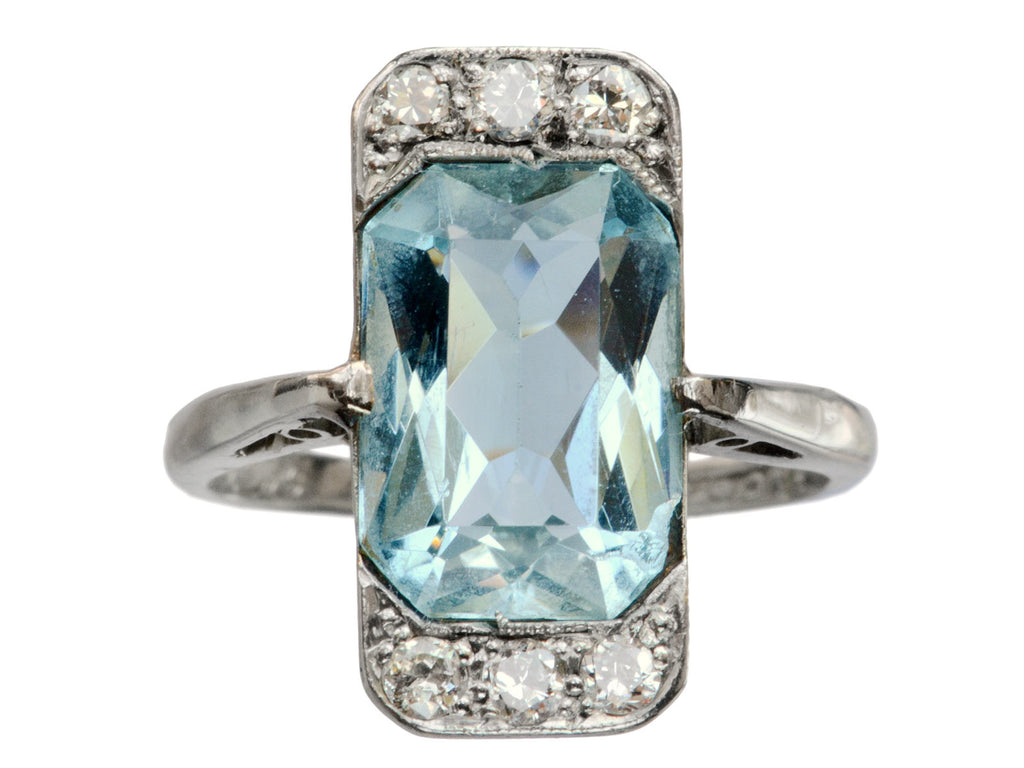 1920s Deco Aqua & Diamond Ring (on white background)