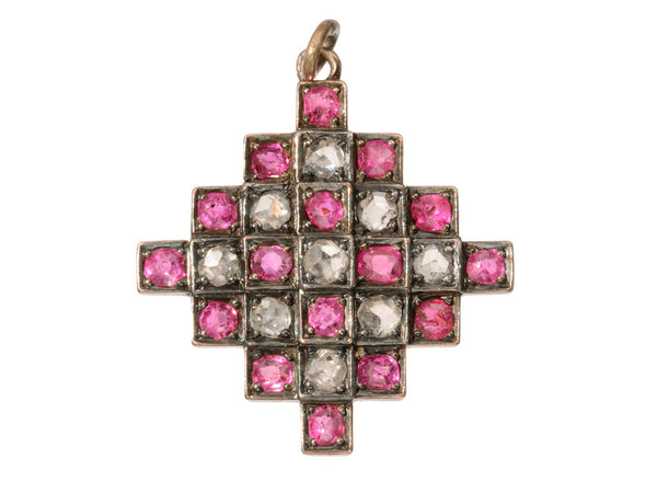 c1890 Ruby and Diamond Victorian Tetris Pendant (on white background)