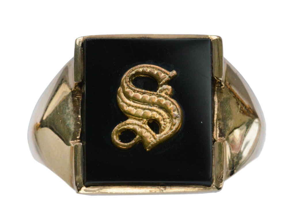 1940s "S" Onyx Signet Ring (on white background)