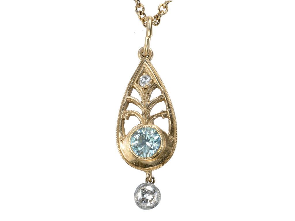 1920s Blue Zircon & Diamond Pendant (on white background)